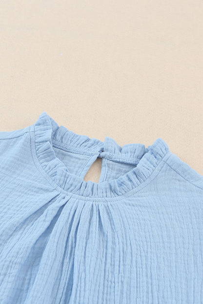 Sky Blue Flutter Sleeve Frilled Neck Textured Blouse