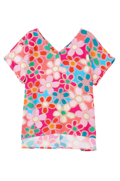 Pink Abstract Print V Neck Dolman Blouse