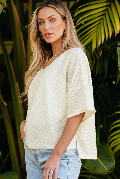 Beige V Neck Textured Split Hem Oversized Top