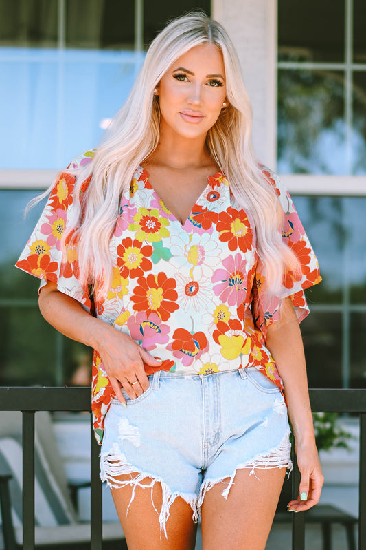 Orange Abstract Print V Neck Half Sleeve Blouse