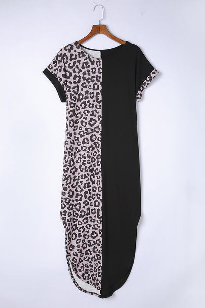 Black Contrast Solid Leopard Short Sleeve T-shirt Dress with Slits