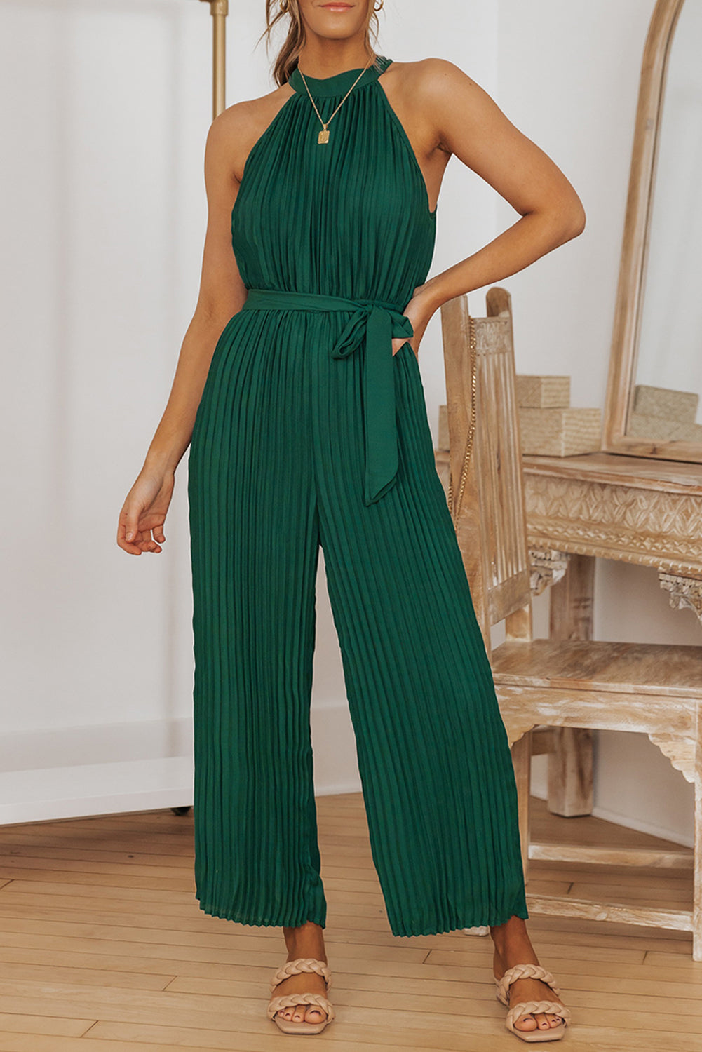 Black Elegant Halter Neck Belted Pleated Wide Leg Jumpsuit