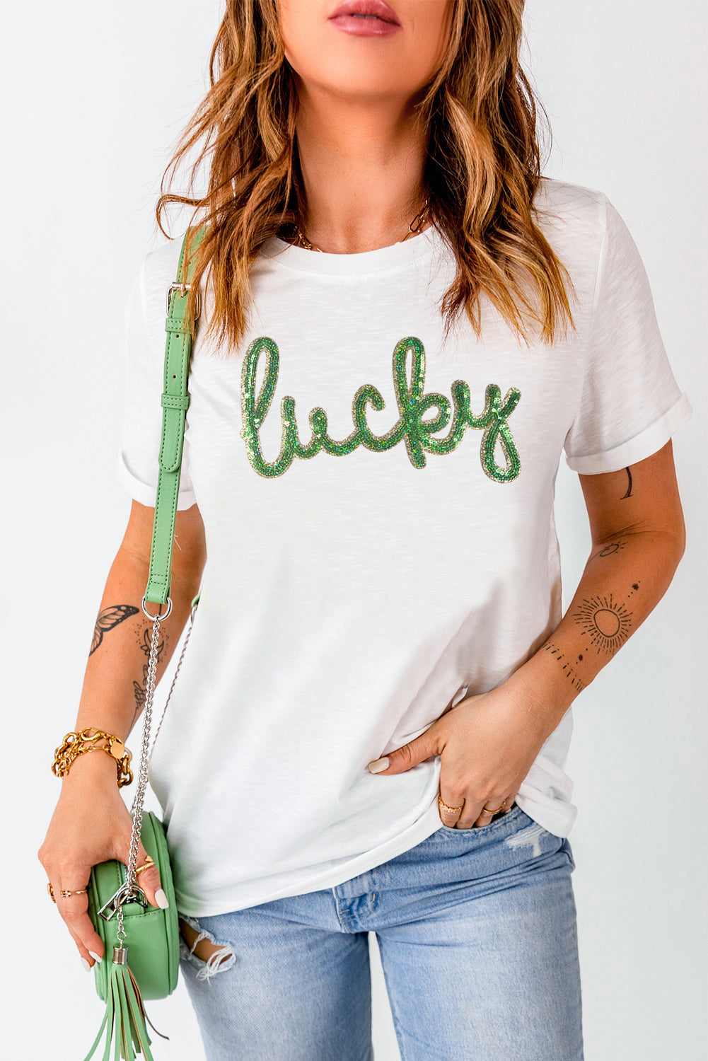 White Sequined Lucky St.Patricks Day Graphic Tee