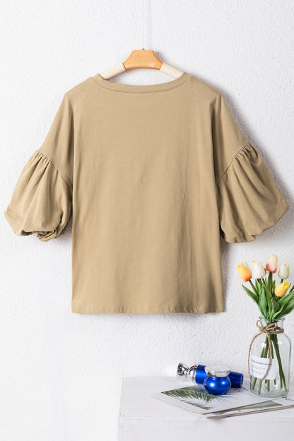 Light French Beige Solid Color Lantern Sleeve Drop Shoulder Blouse