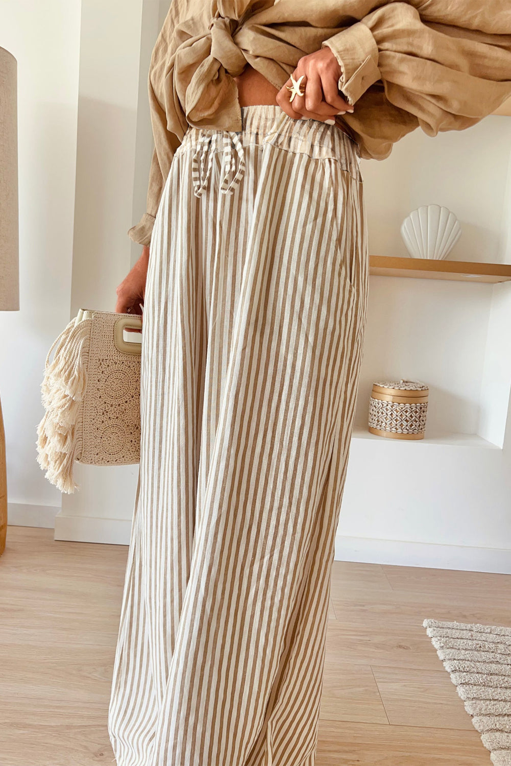 Khaki Stripe Print Wide Leg Drawstring Pants