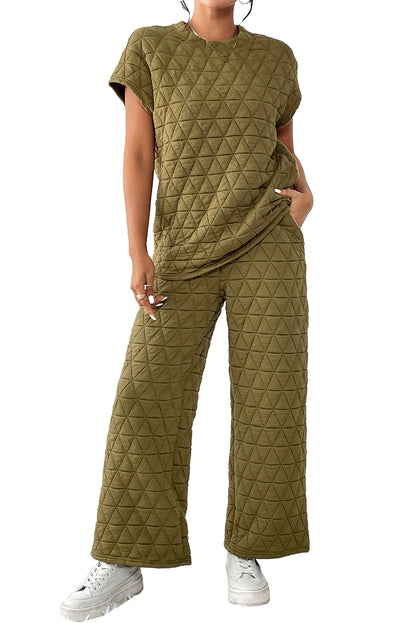 Sage Green Quilted Short Sleeve Wide Leg Pants Set