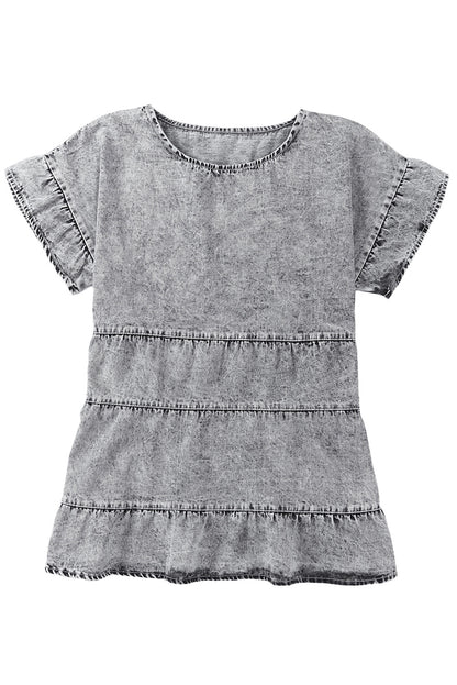 Gray Flutter Sleeves Tiered Denim Top