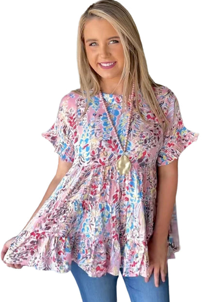 Pink Floral Print Ruffle Sleeve Babydoll Top