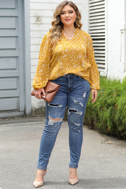 Yellow Plus Size Floral Print Ruched Split Neck Blouse