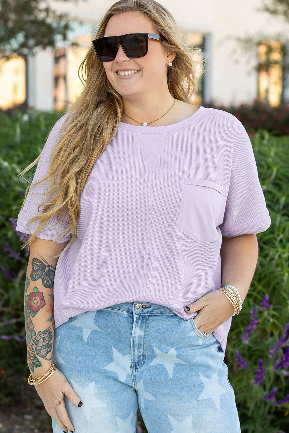 Orchid Petal Waffle Knit Short Sleeve Patched Pocket Plus Size Top