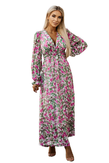 Green Floral Print Deep V Neck Ruched Cinched Waist Maxi Dress