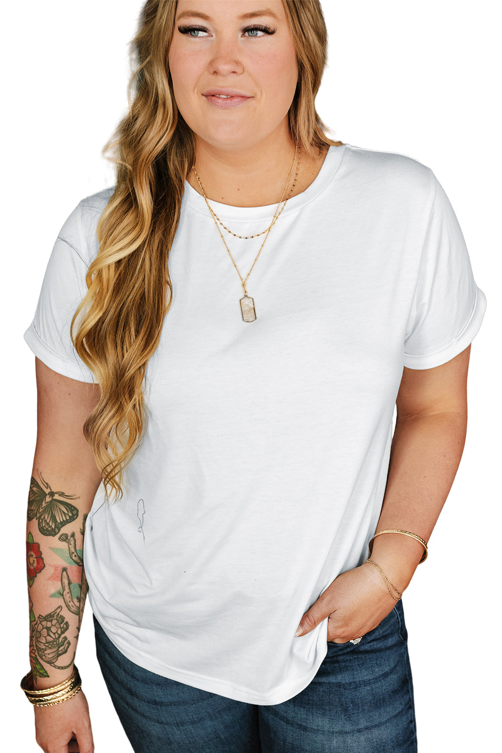 White Round Neck Rolled Sleeve Plus Size T-shirt