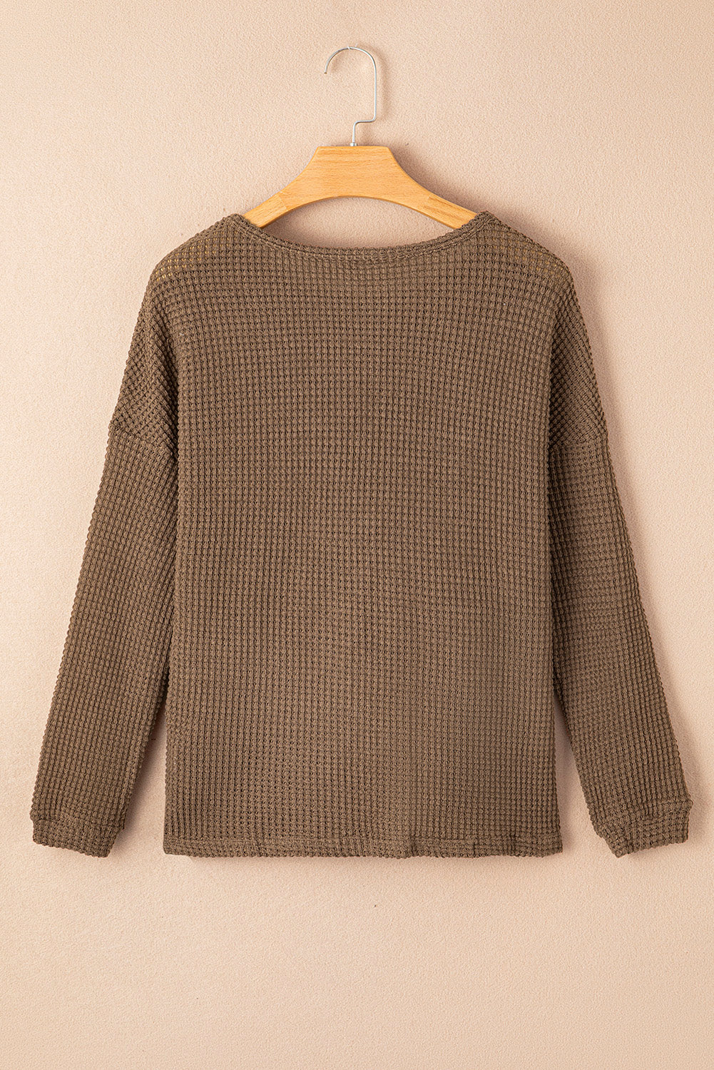 Dark Brown Waffle Knit Drop Shoulder Long Sleeve Top