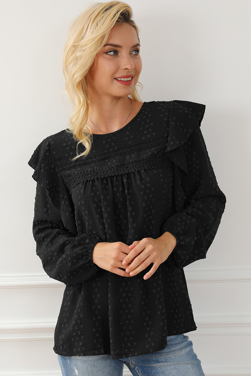 Black Lace Eyelet Ruffle Shoulder Long Sleeve Blouse