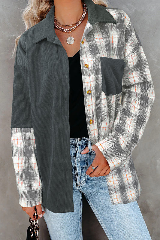 Gray Plaid Color Block Button-up Oversize Corduroy Shirt