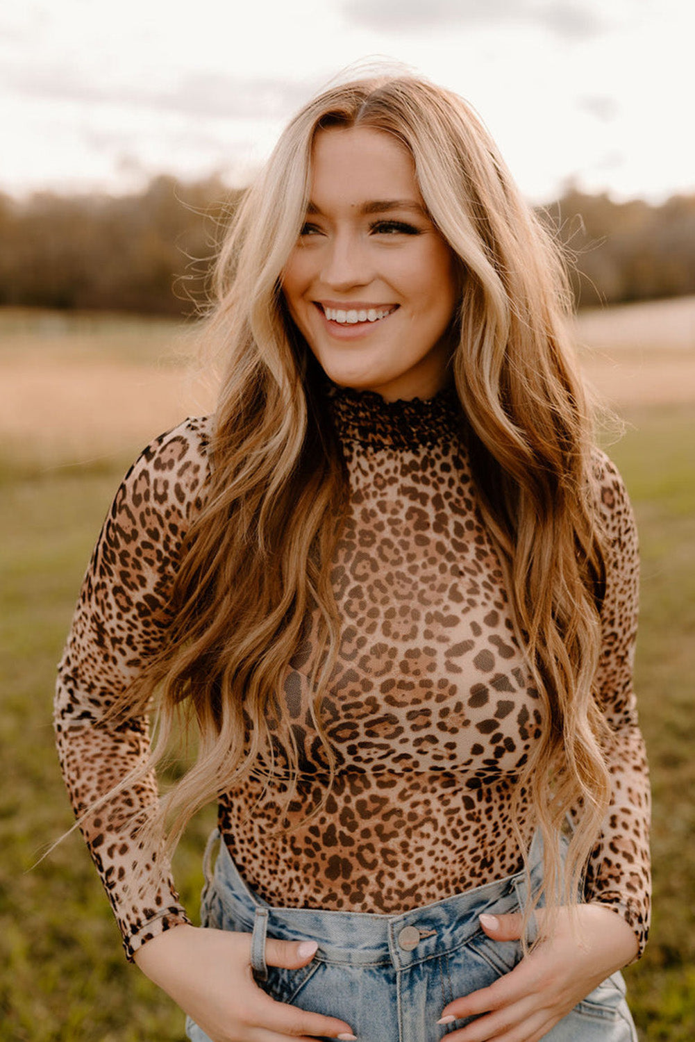 Brown Leopard Smocked Neck Mesh Long Sleeve Bodysuit