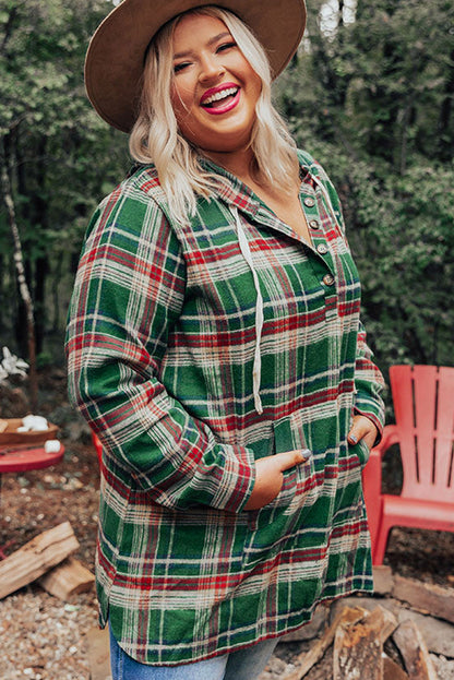 Red Plus Size Plaid Kangaroo Pocket Drawstring Hoodie