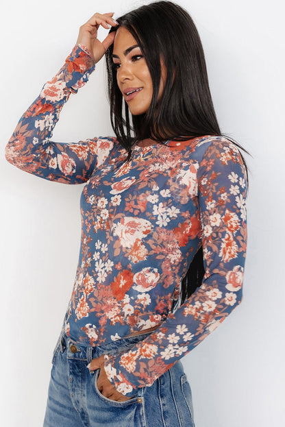 Orchid Petal Floral Print Mesh Fitted Long Sleeve Top