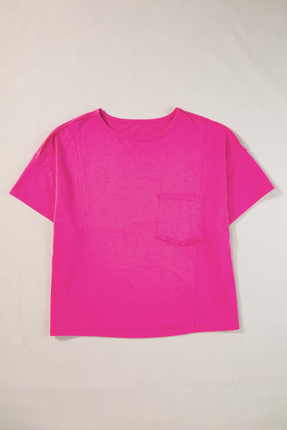 Bright Pink Patched Pocket Exposed Seam Oversize T-shirt