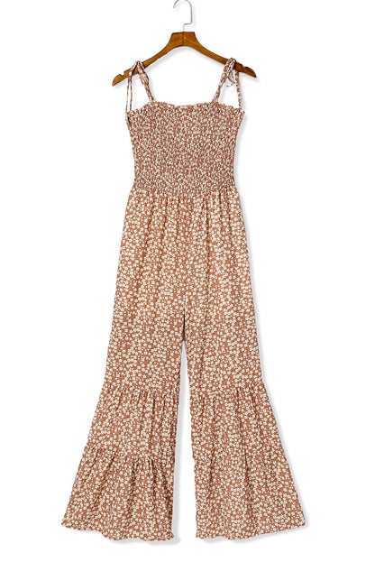 Khaki Thin Straps Smocked Bodice Wide Leg Floral Jumpsuit