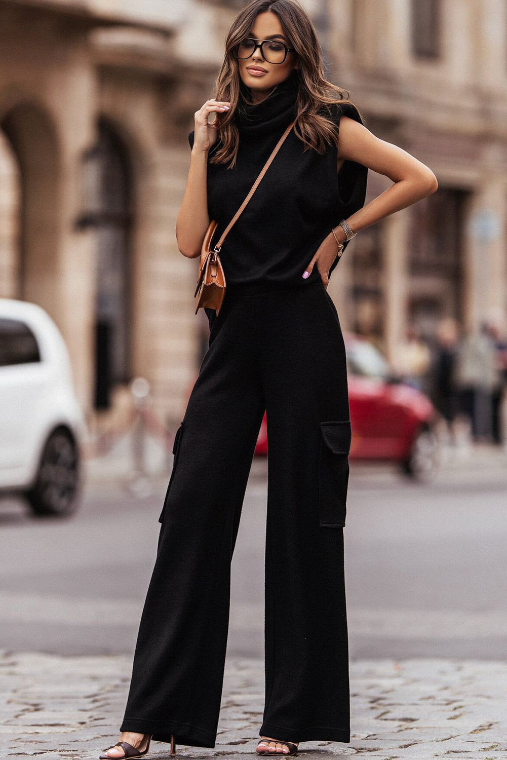 Black High Neck Sleeveless Vest and Cargo Pants Outfit