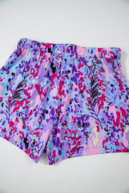 Purple Floral Long Sleeve Top and Drawstring Shorts Set