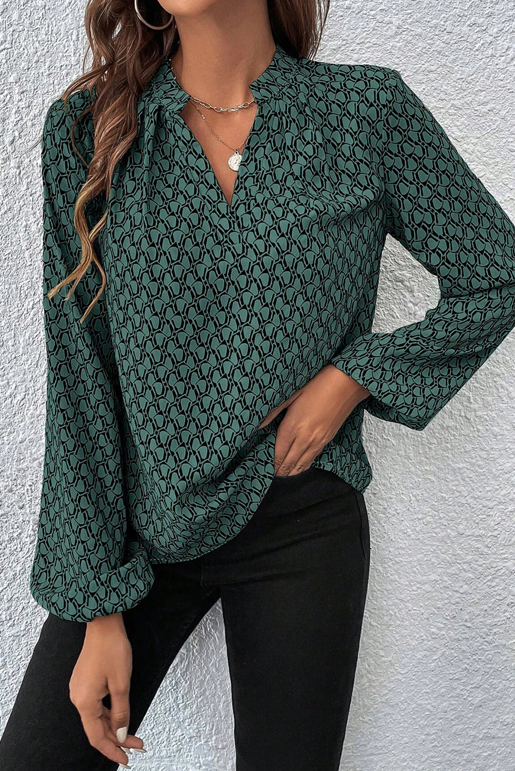 Green Geometric Print Notched Neck Puff Sleeve Blouse