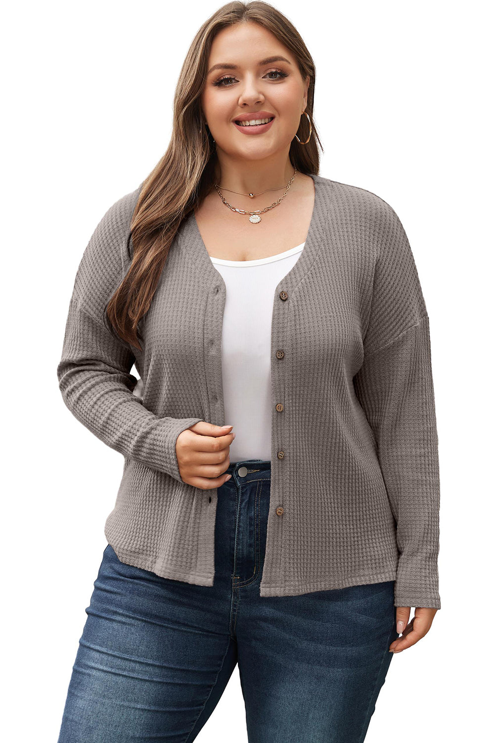 Simply Taupe Waffle Knit Drop Shoulder Button V Neck Plus Size Top