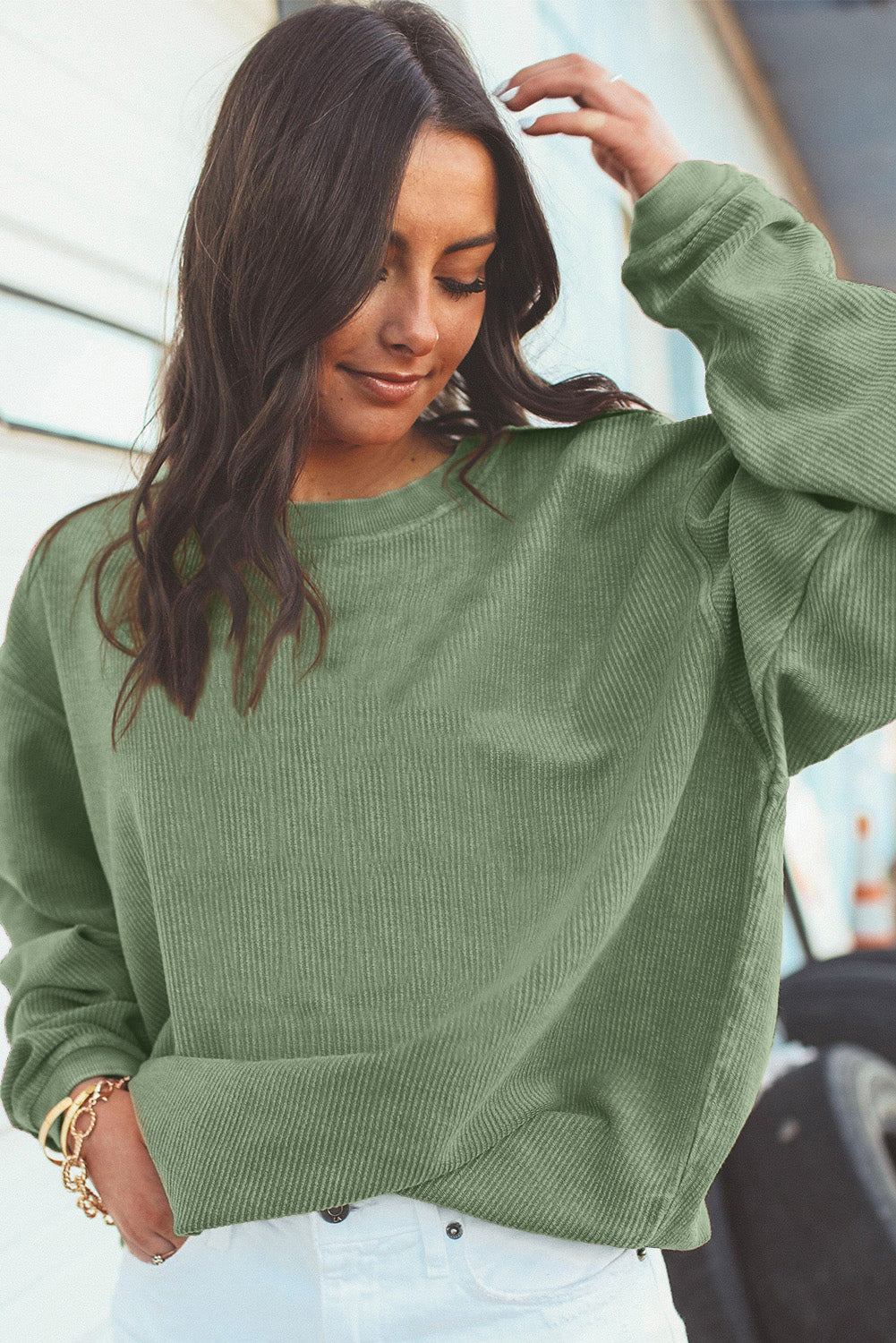 Green Ribbed Corded Oversized Sweatshirt