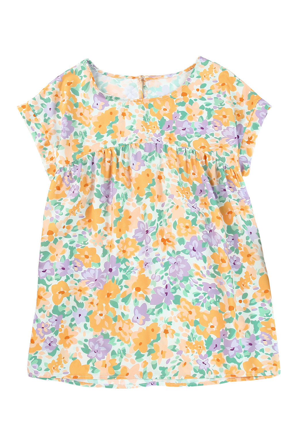 Yellow Floral Print Keyhole Back Short Sleeve Babydoll Blouse