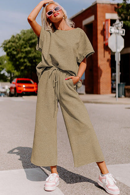 Black Textured Loose Fit T Shirt and Drawstring Pants Set