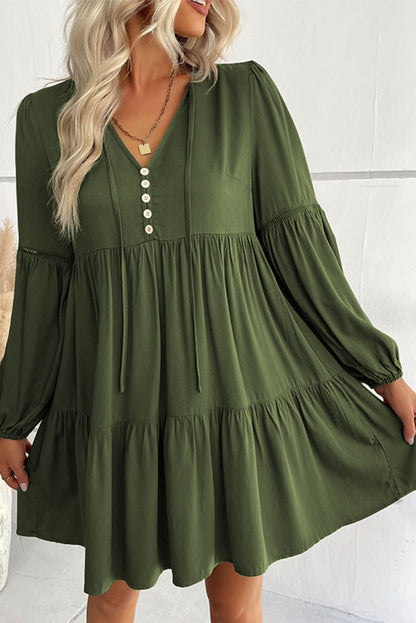 Green Lace Puff Sleeve Buttoned Tiered Ruffled Mini Dress