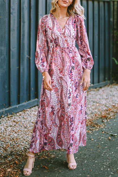 Multicolour Boho Paisley Print V Neck Empire Waist Maxi Dress