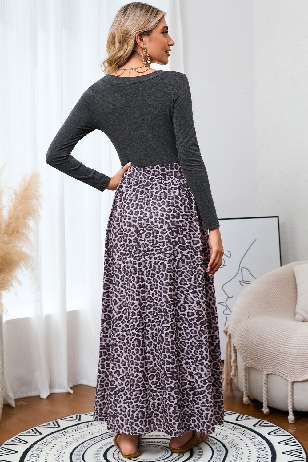 Black and Leopard Print Long Sleeve Boho Maxi Dress