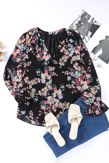 Black Wildflower Print Chiffon Blouse