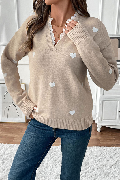 Smoke Gray Heart Print Lace Splicing V Neck Valentines Sweater