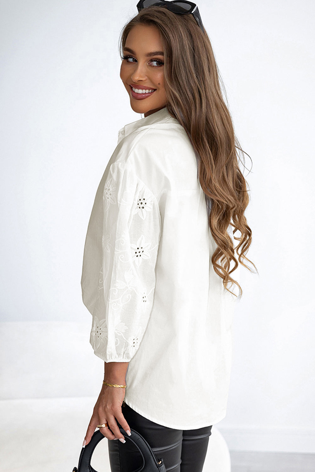 White Eyelets Embroidered Puff Sleeve Buttoned Shirt