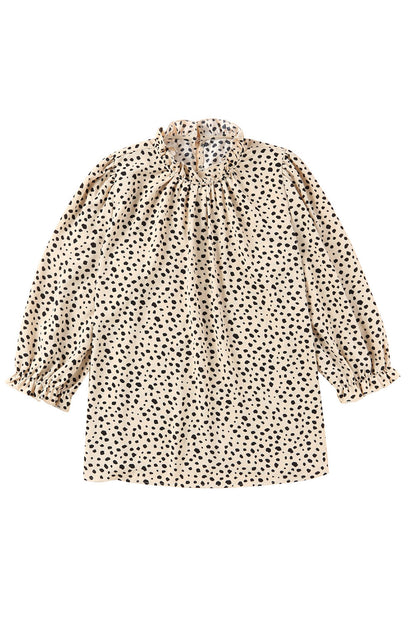 Khaki Frilled Neck 3/4 Sleeves Cheetah Blouse