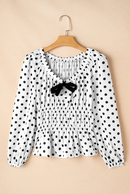 Black Polka Dot Puff Sleeve Bow Square Neck Peplum Top