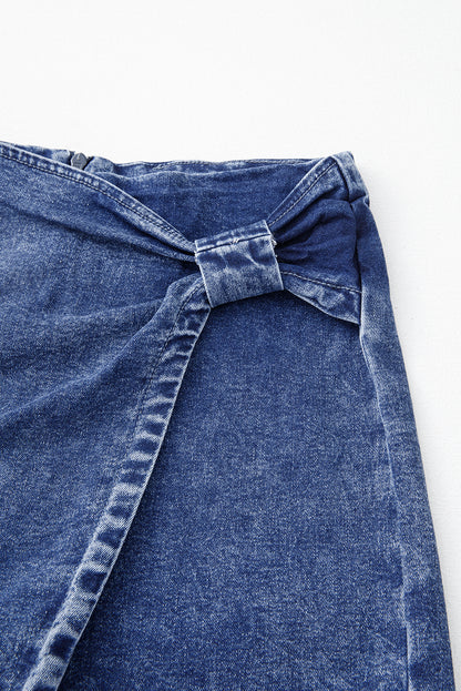 Sail Blue Acid Wash Asymmetric Twisted Wrapped Zipped Denim Skort