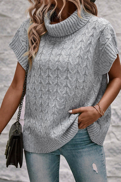 Medium Grey Cable Knit Turtleneck Batwing Sleeve Sweater