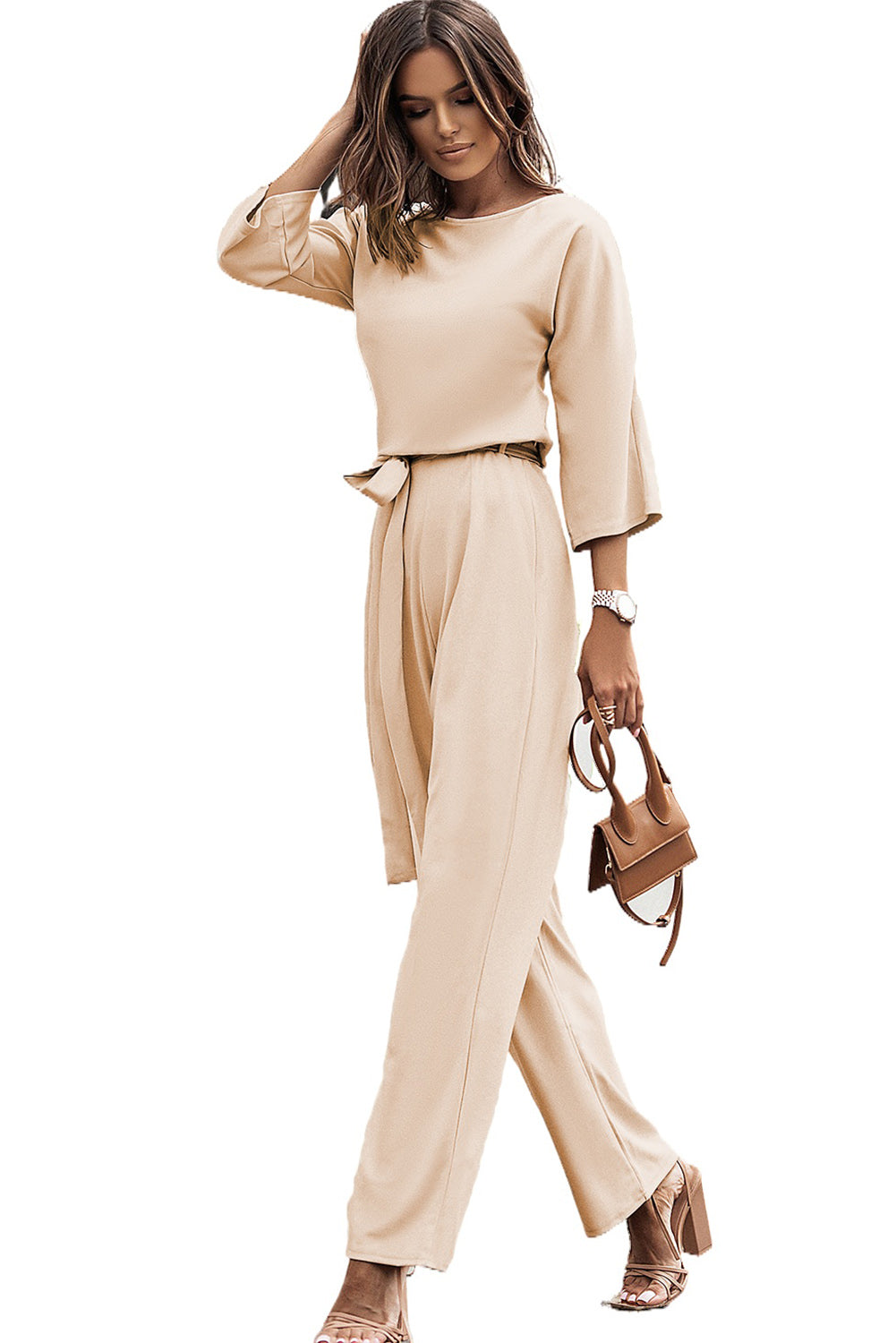 Apricot Boat Neck Knot Wide Leg Jumpsuit