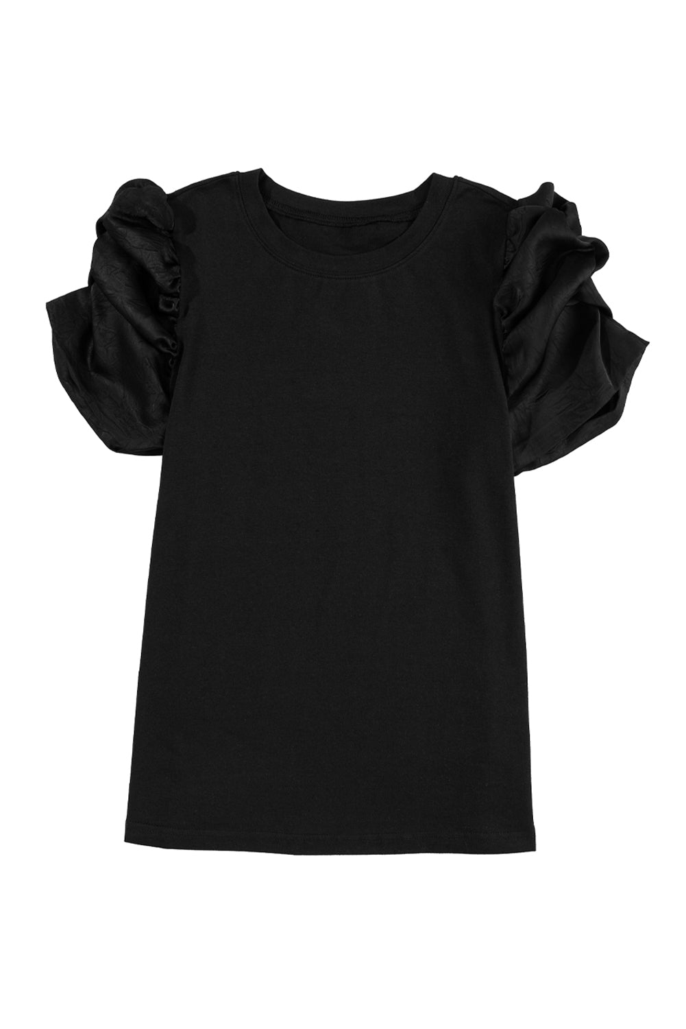 Black Ruched Puff Sleeve Crew Neck Tee