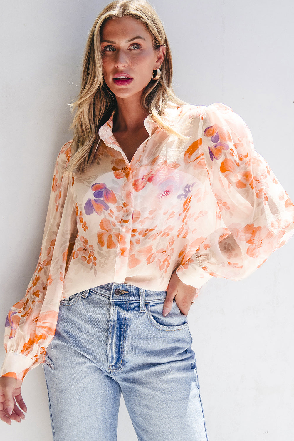 White Floral Print Collared Balloon Sleeve Loose Shirt