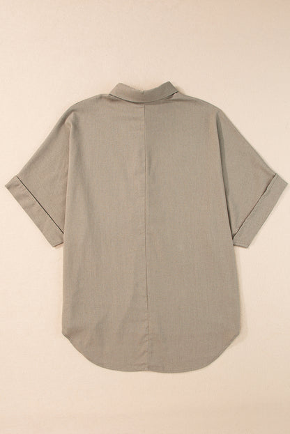 Simply Taupe Collared Half Buttons Folded Short Sleeve Oversize Top