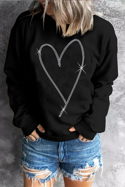 Black Rhinestone Heart Pattern Valentines Fashion Sweatshirt