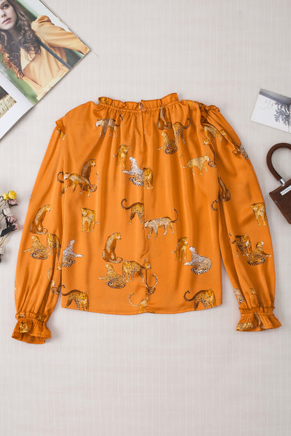 Orange Cheetah Printed Ruffled Sleeve Blouse