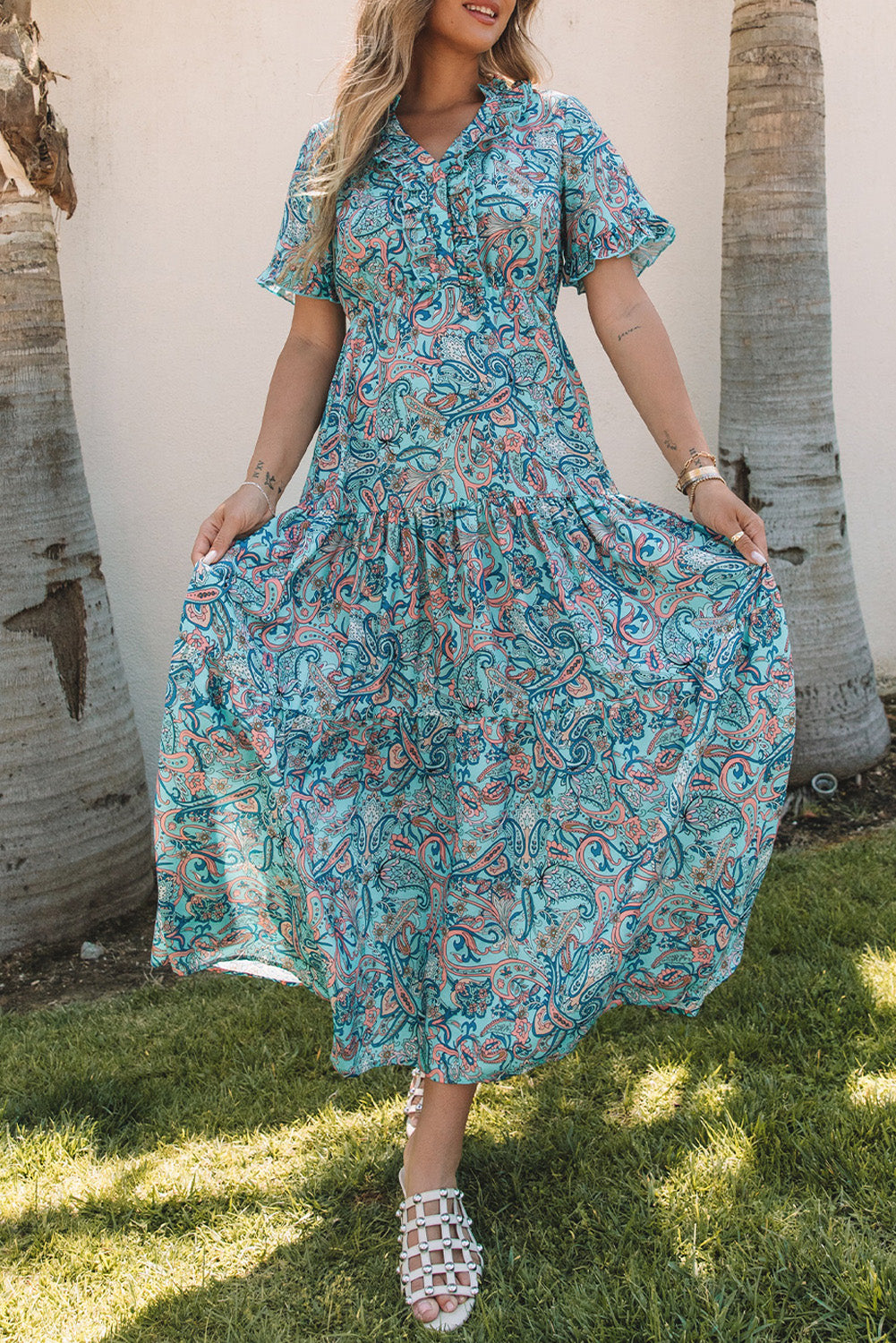 Sky Blue Paisley Print Boho Holiday Ruffle Tiered Maxi Dress