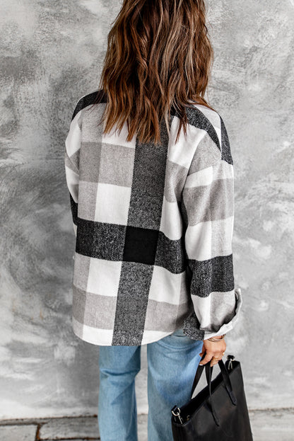 Grey Plaid Color Block Pockets Buttoned Shacket