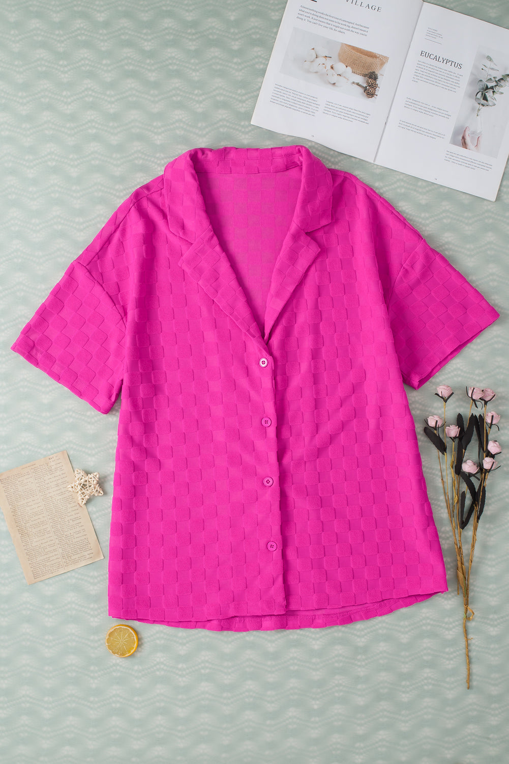 Bright Pink Lapel Neck Checkered Textured Short Sleeve Shirt